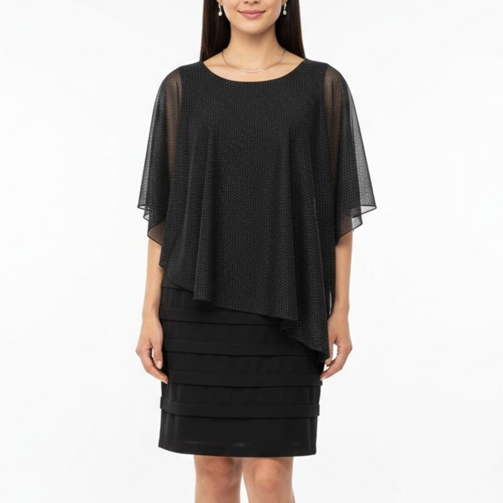EnFocus Studio Black Glitter Tiered Cape Cocktail Dress Plus Size 18W Evening